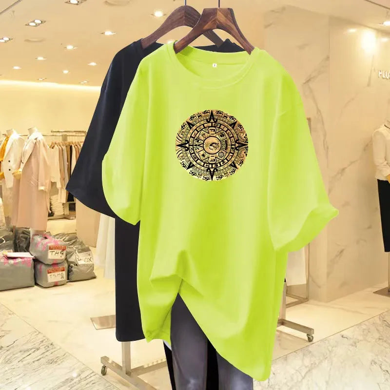 Women Fashion Pure Cotton Y2k Short Sleeve T-shirt Summer Casual Loose Paisley Printing Top Tee Office Lady Basic Pullover M-6XL