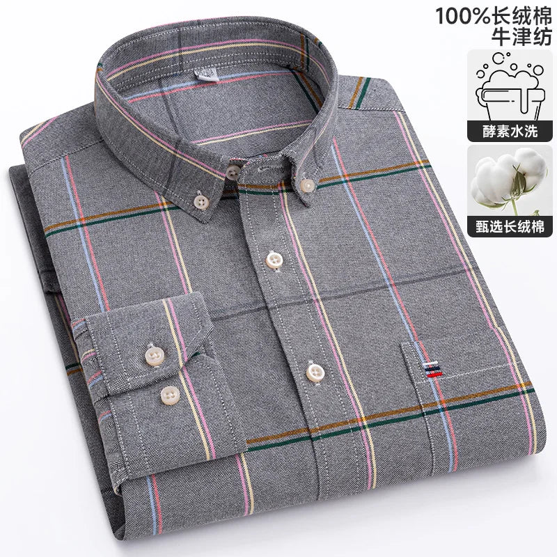 100% Cotton Oxford Casual Shirts For Men Long Sleeved Plaid Striped Soft Regular Fit Formal Single Pocket Social Fashion Blouses
