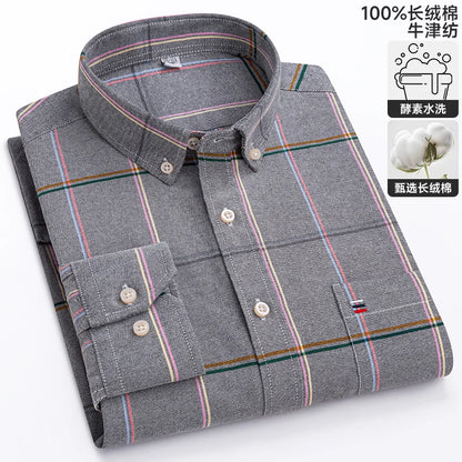 100% Cotton Oxford Casual Shirts For Men Long Sleeved Plaid Striped Soft Regular Fit Formal Single Pocket Social Fashion Blouses