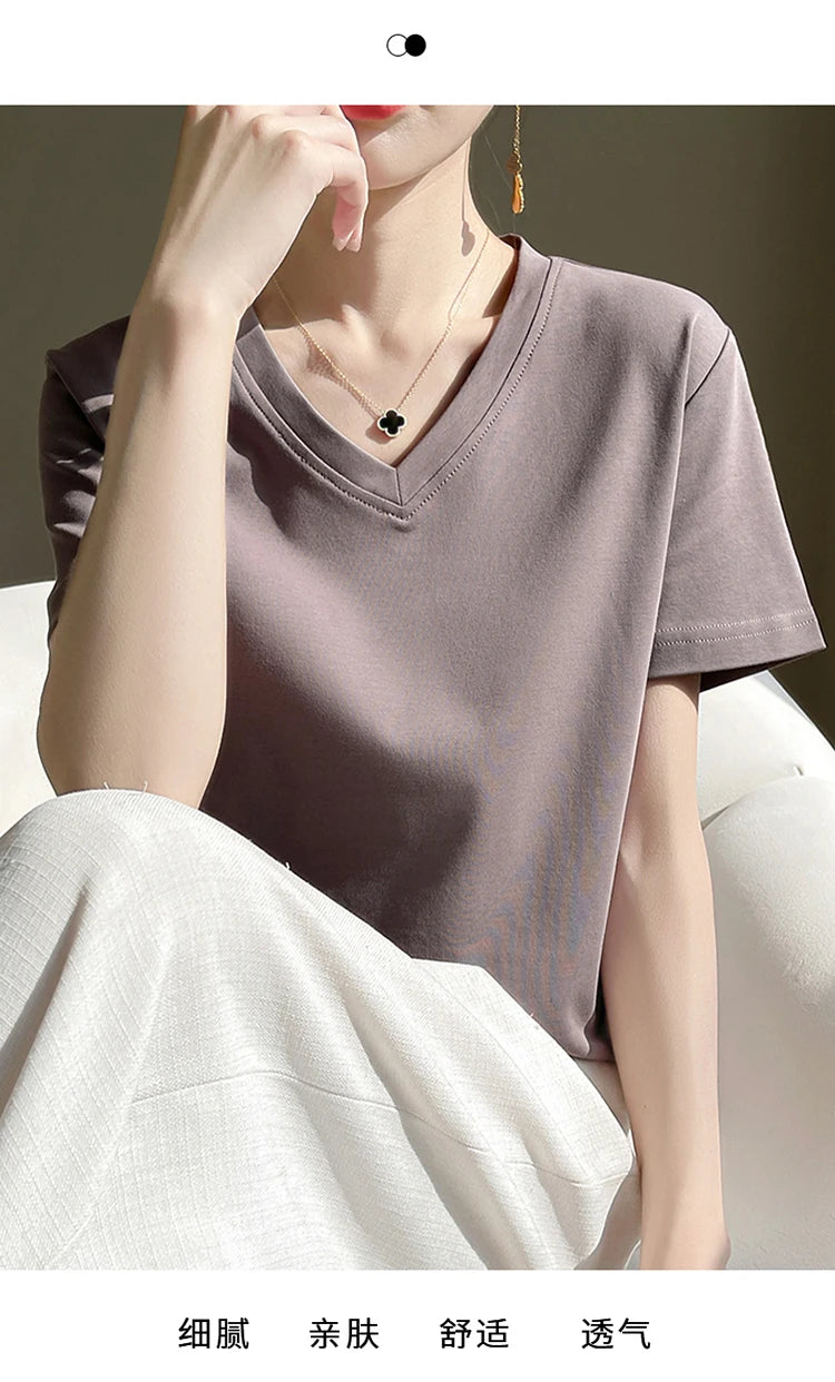 2026 Summer New Pure Cotton V-neck Short-sleeved T-shirt Women's Solid Color Joker Pullover Shirt with Loose Sleeve Bottom Shirt