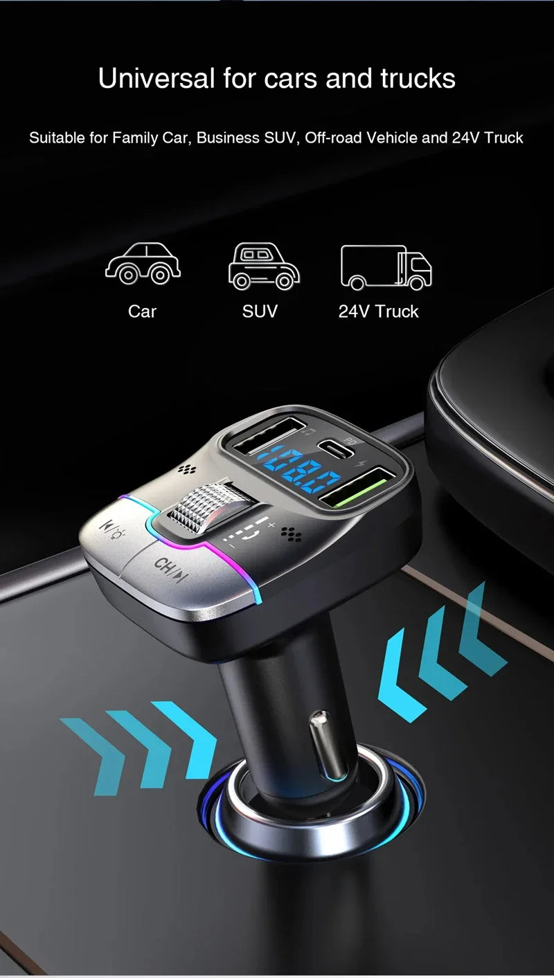FM Transmitter Bluetooth 5.4 Hands-Free Portable Car AUX Radio Modulator MP3 Player with Fast Charging Adapter