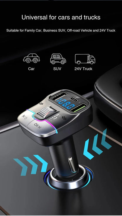 FM Transmitter Bluetooth 5.4 Hands-Free Portable Car AUX Radio Modulator MP3 Player with Fast Charging Adapter