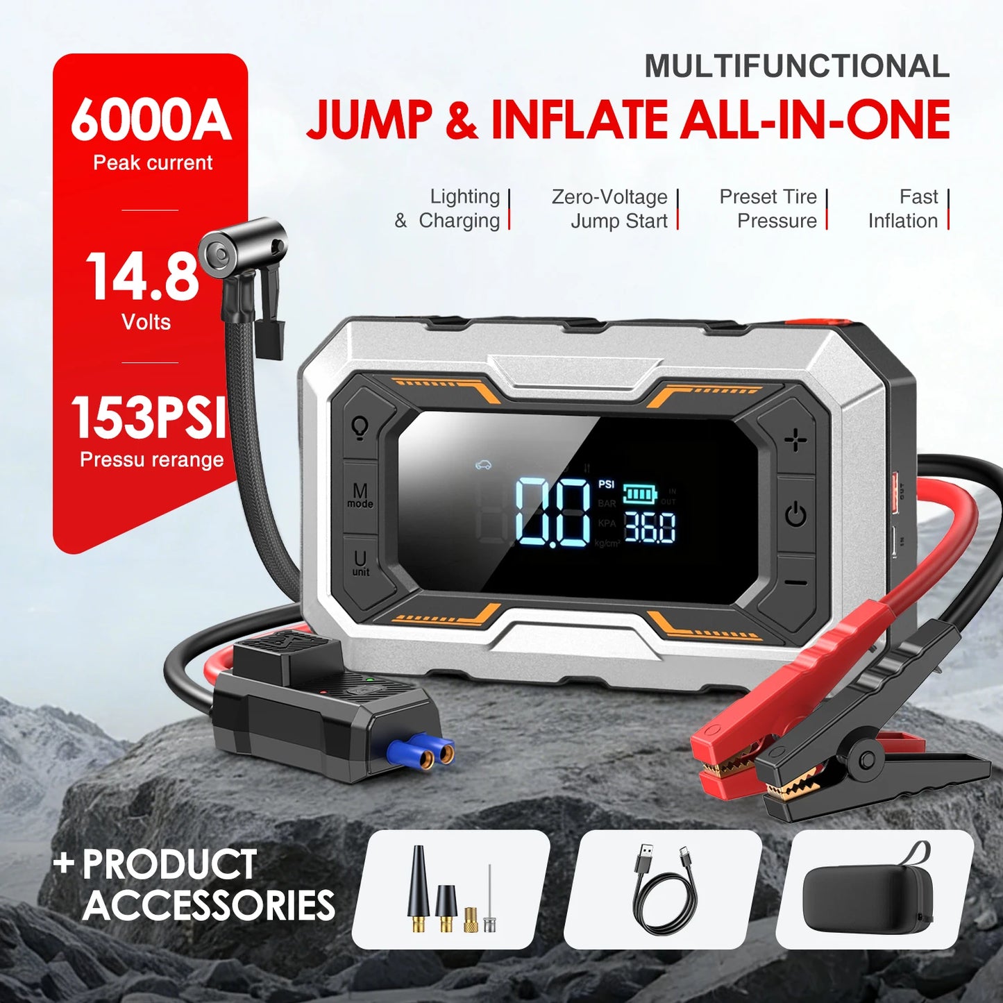 BUVAYE 2026 Newest Portable Car Jump Starter 6000A, 153PSI Tire Inflator for 12L Petrol & Diesel Engines, With EVA Storage Case