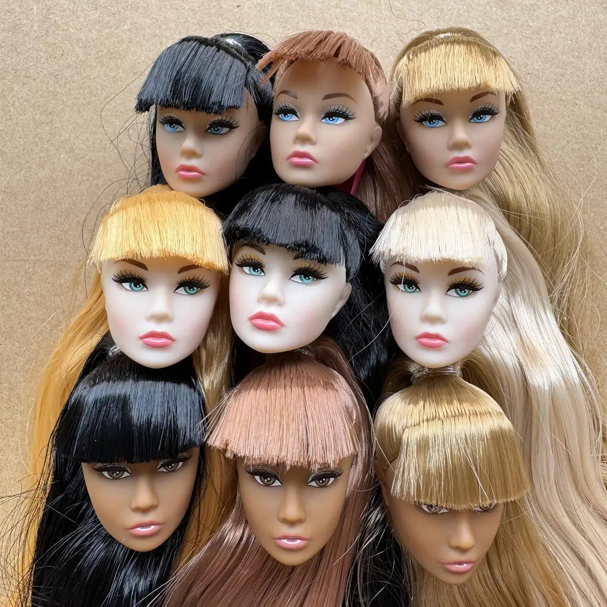 1/6 Scale Multi-jointed Fashion Doll Heads with Bangs Pony Tail Super White Beige Dark Brown Skin Tone PP Doll Figures for Colle