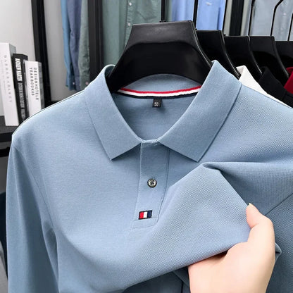 Collar T-shirt for men, long sleeved, autumn, middle-aged, business, pure cotton, casual polo shirt, top for men