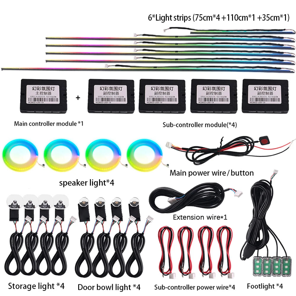 18 in 1 22in 1 RGB Symphony Car Atmosphere Strip Interior LED Acrylic Guide Backlight Universal Decoration Ambient Rainbow Light