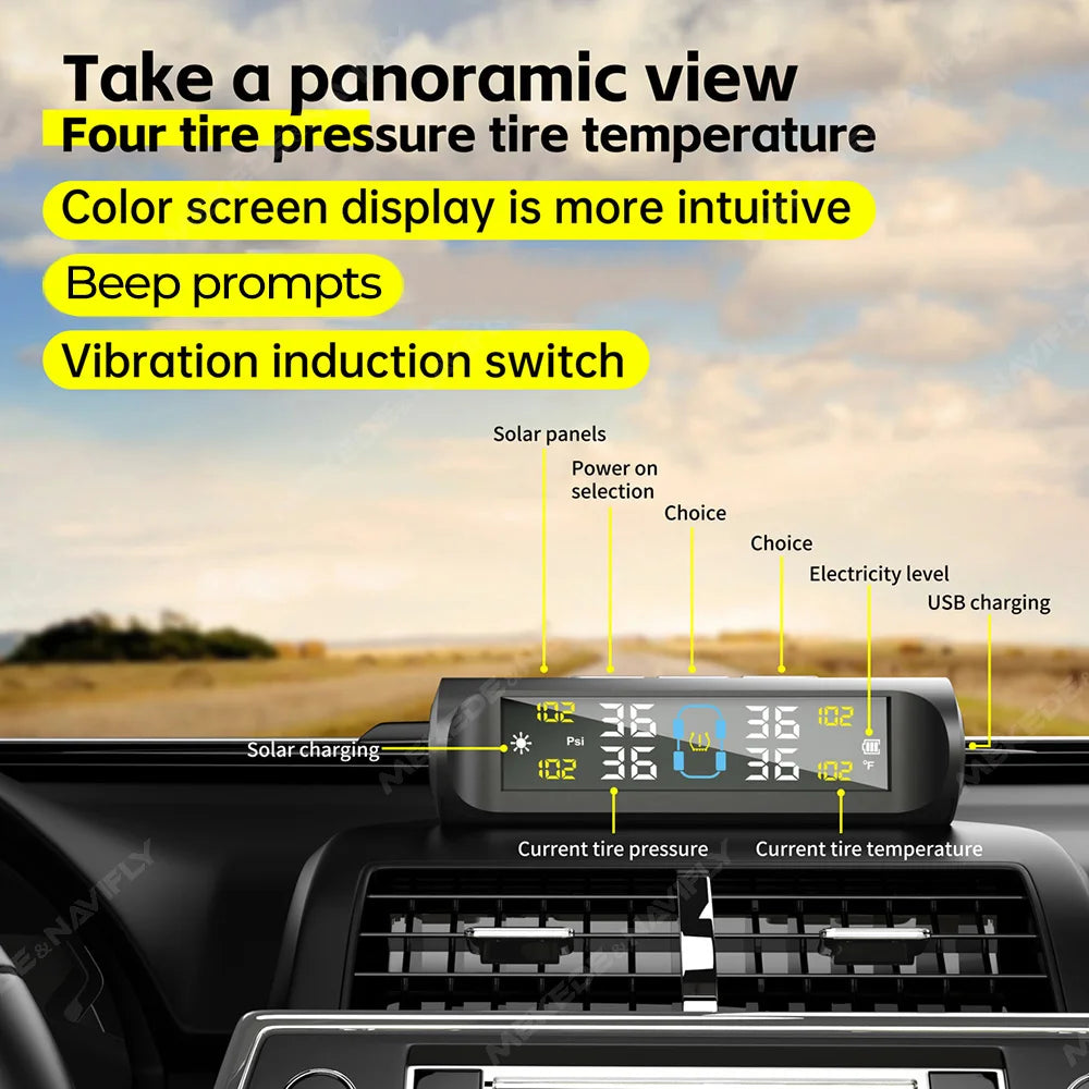 MEKEDE TPMS Solar/USB Powered 4pcs Sensors Car Tire Pressure Monitoring System Car Tyre Pressure Monitor Tyre Pressure Alarm