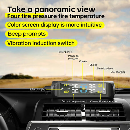 MEKEDE TPMS Solar/USB Powered 4pcs Sensors Car Tire Pressure Monitoring System Car Tyre Pressure Monitor Tyre Pressure Alarm
