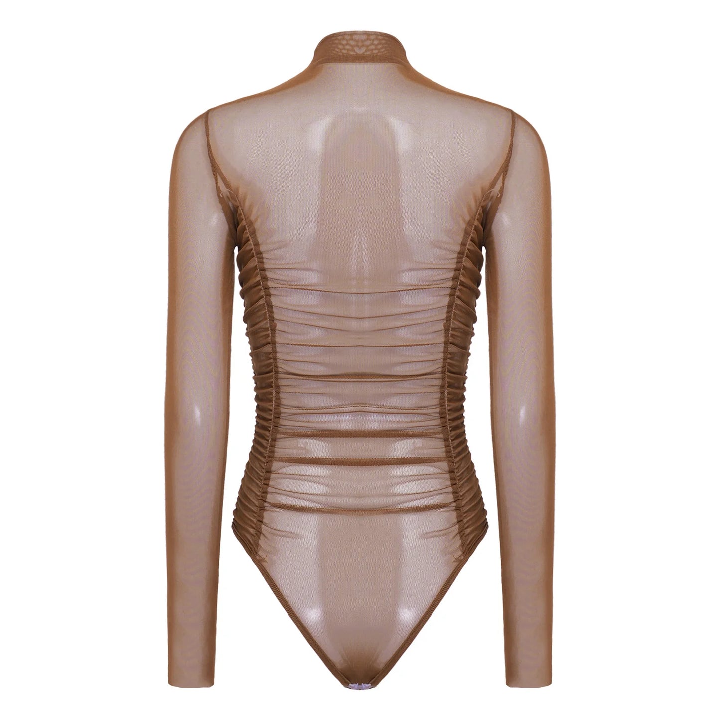 Womens Nightclub Beach Bodysuit Sheer Mesh Side Ruched High Collar Long Sleeve Button Crotch Leotard See Through Cover Up Outfit
