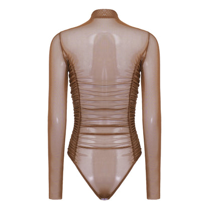 Womens Nightclub Beach Bodysuit Sheer Mesh Side Ruched High Collar Long Sleeve Button Crotch Leotard See Through Cover Up Outfit