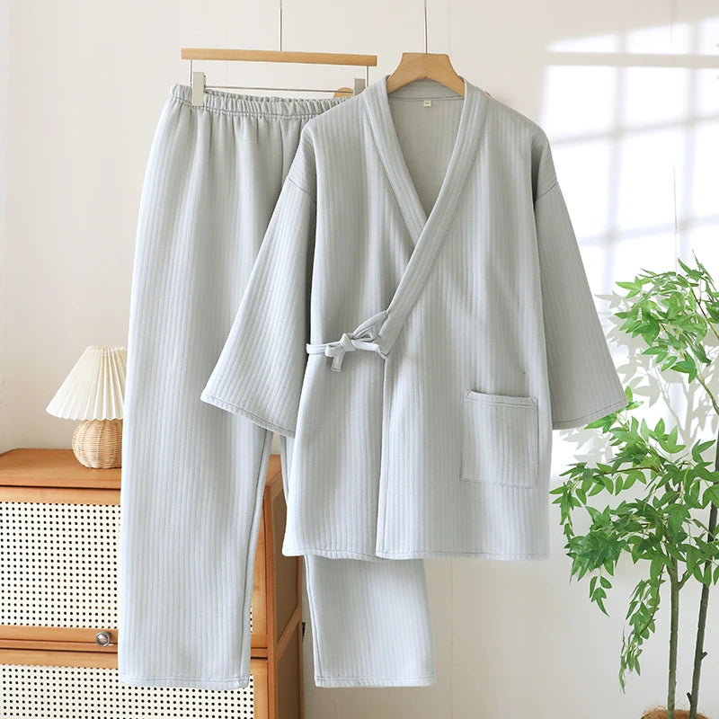 Thickened Cotton Kimono Style Men's Sleepwear Air Layer Home Clothes Autumn Winter Home Stay Air Conditioned Room Unisex
