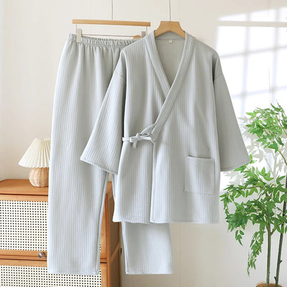 Thickened Cotton Kimono Style Men's Sleepwear Air Layer Home Clothes Autumn Winter Home Stay Air Conditioned Room Unisex