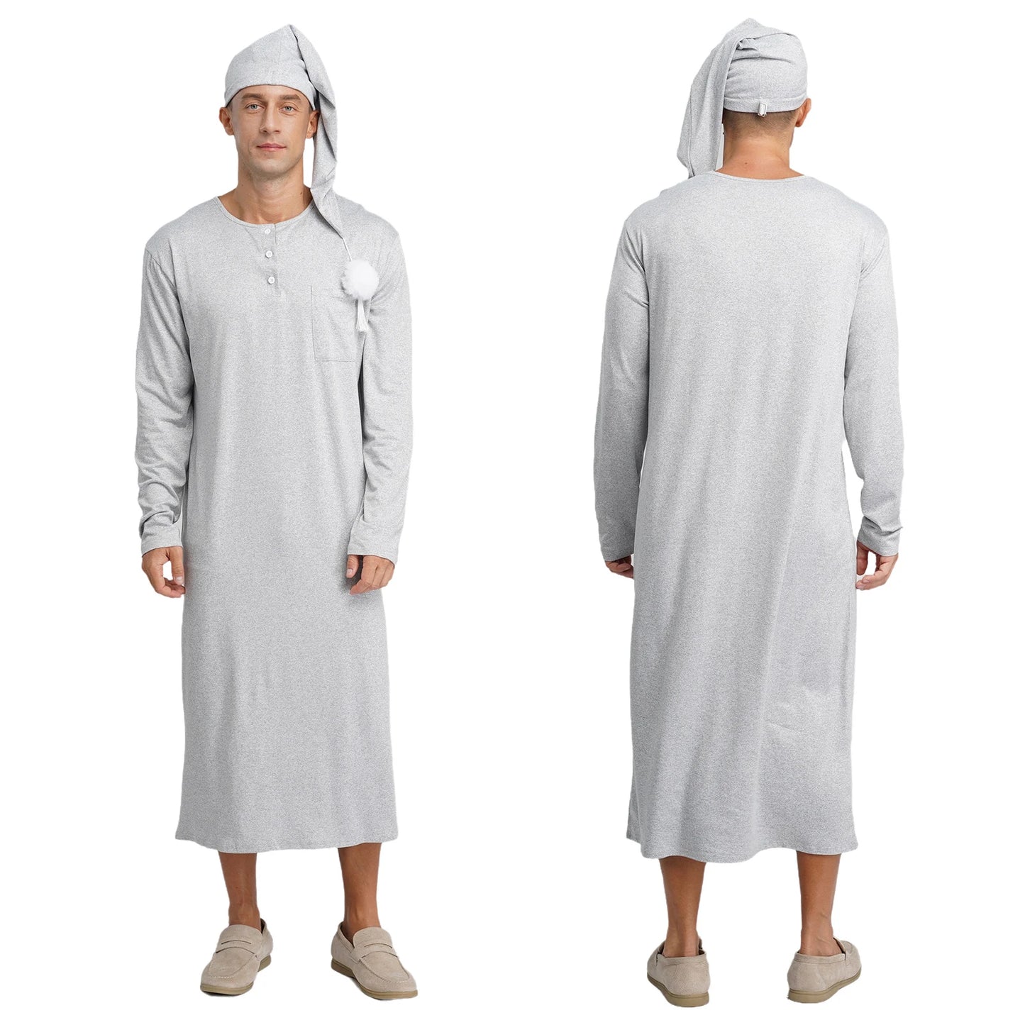 Mens Solid Color Long Sleeve Sleep Robe with Night Cap Round Neck Big & Tall Nightshirts Home Loungewear Pajamas Sleepwear