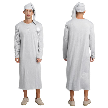 Mens Solid Color Long Sleeve Sleep Robe with Night Cap Round Neck Big & Tall Nightshirts Home Loungewear Pajamas Sleepwear