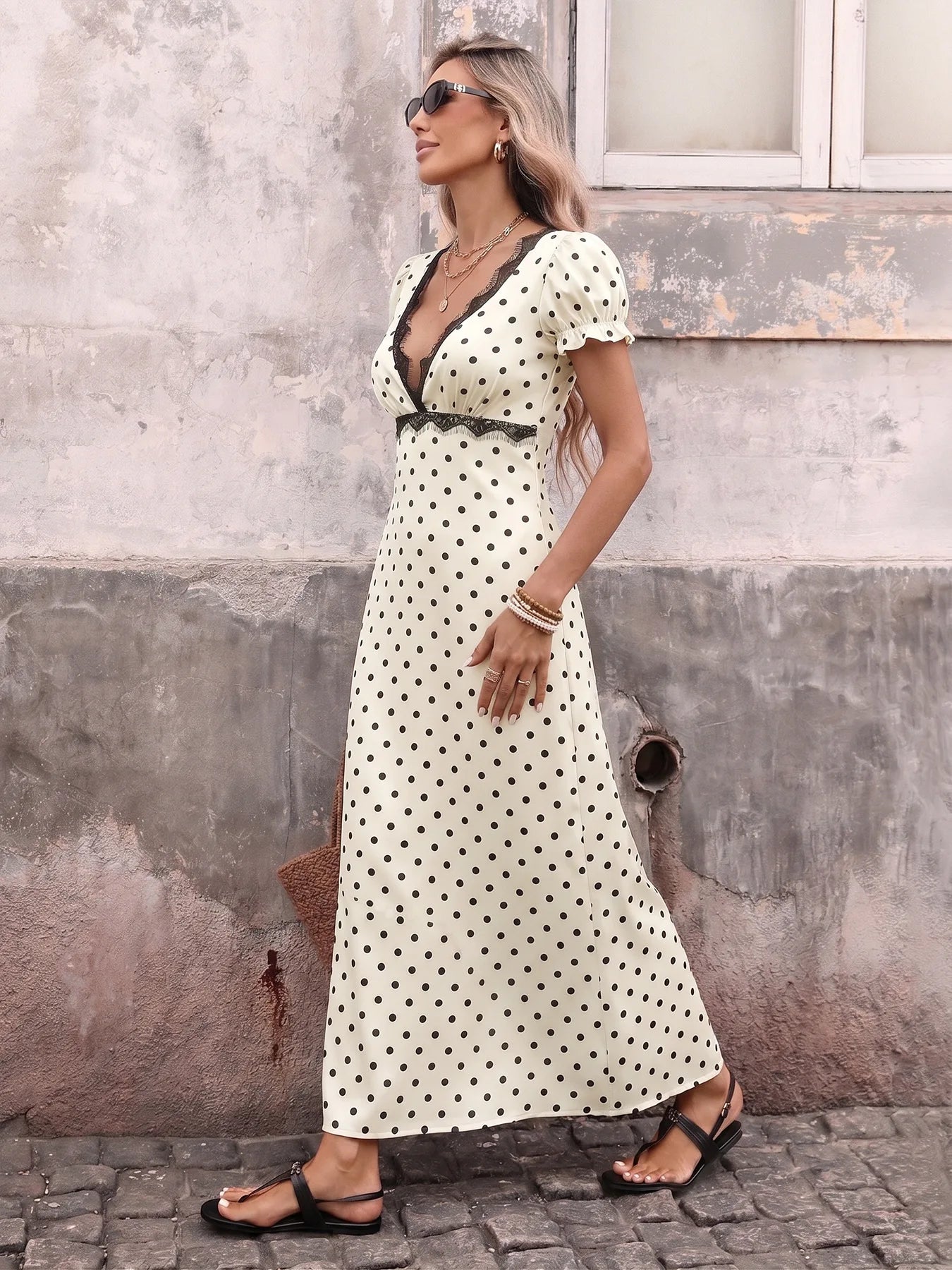 Women's Summer French Vintage Polka Dot Dress Sexy V Neck Lace Trim Short Sleeve Long Maxi Dress Vacation Beach Outfit 2026
