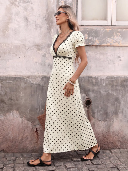 Women's Summer French Vintage Polka Dot Dress Sexy V Neck Lace Trim Short Sleeve Long Maxi Dress Vacation Beach Outfit 2026