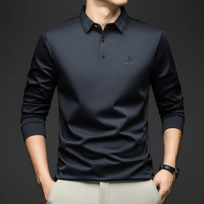 BROWON Polo Shirt for Man 2026 Spring Autumn Men Long Sleeve Polo Shirts Casual Loose Turndown Collar Wool Tops for Man Clothing