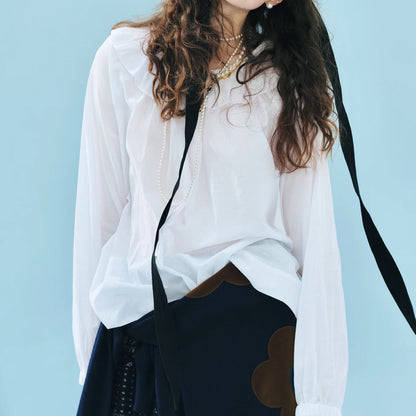 Women's White Ruffled Neckline Long - Sleeve Shirt Loose Fit Pleated Front Blouse 255170