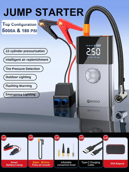 5000a 180 Psi Car Jump Starter Compressor Battery Portable Power Bank Tire Capacitor Booster 12v Emergency Jumper With Air Pump