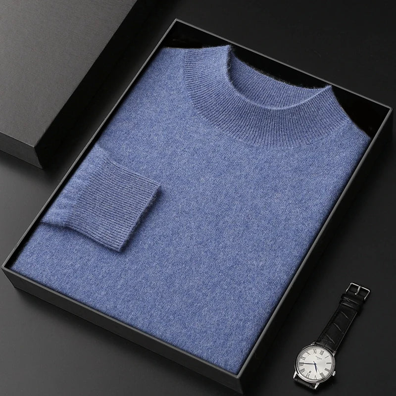 100% Pure Cashmere Sweater Men's Half High Collar Solid Color Pullover Fashion New Knit Undercoat  Autumn and Winter Long Sleeve