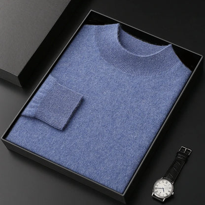 100% Pure Cashmere Sweater Men's Half High Collar Solid Color Pullover Fashion New Knit Undercoat  Autumn and Winter Long Sleeve