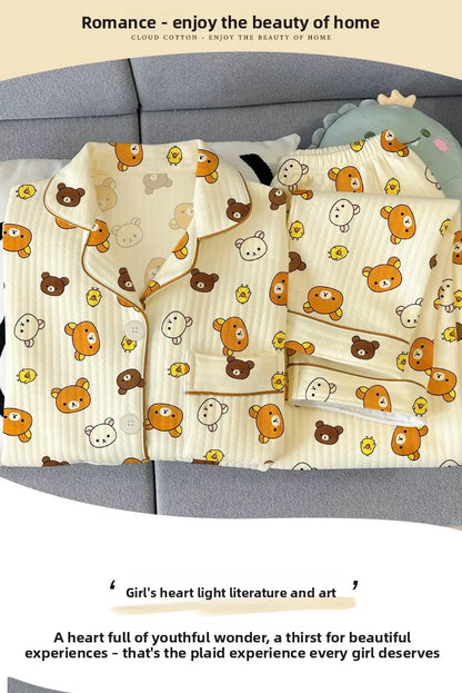 Thickened Air Cotton Sleepwear Set for Women Lazy Bear Cartoon Design Long Sleeve Long Pants Home Clothes Autumn Winter