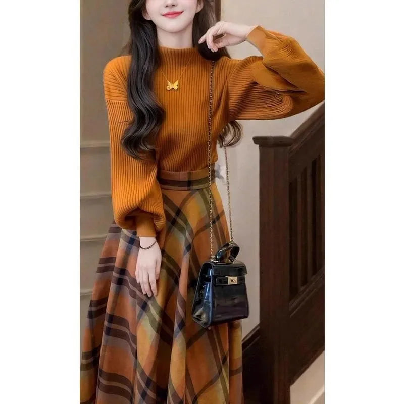 Retro Knitted Sweater Skirt Set Women's Plaid  Skirt Long Sleeve round Neck Two-Piece Suit Autumn Fashion Casual Wear