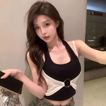 American Color Block Halter Neck Vest Women Summer Sleeveless with Chest Pad Inner Wear Sweet Spicy Girl Top Outerwear