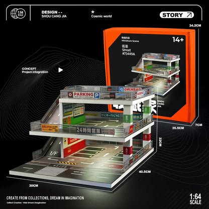Collector 1:64 Scale LED Multi-Story Parking Garage Diorama, Ramp Model Car Display Case with Light Up for Vehicle Collection
