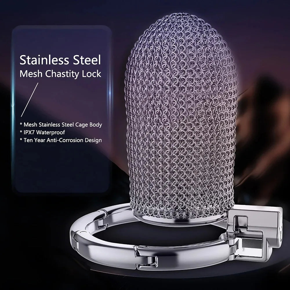 Smart Adjustable Chastity Cage for Men, Stainless Steel Wire Mesh Lock Device, BDSM Adult Sex Toy for Abstinence & Couple Play