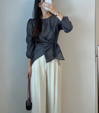 Spring 2026 Chic Korean Style Women's Long Sleeve round Neck Overhead Shirt Loose Fit Slimming Versatile Fashionable Top