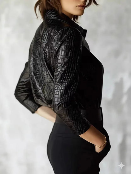 Elegant Long Sleeve PU Leather Shirt Women's Black Button up Snake Skin Pattern Fashionable Top for Autumn Winter