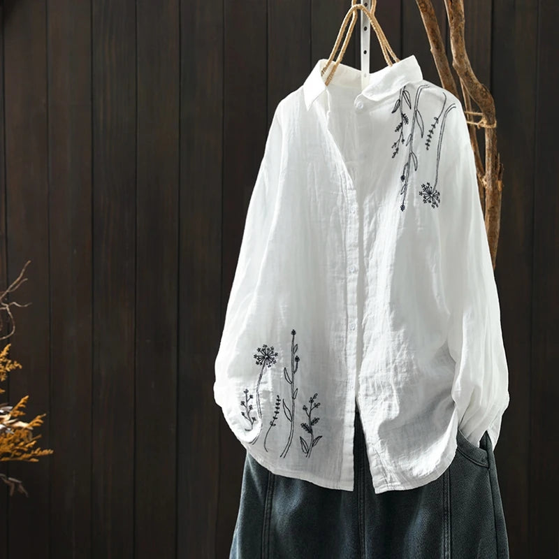 Cotton Linen Women's Shirt Spring New Style Artistic Retro Embroidery Turn-down Collar  Color Long Sleeve Top