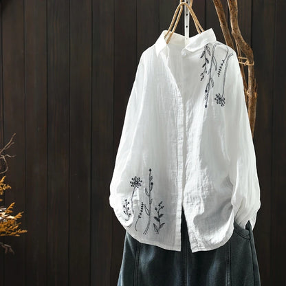 Cotton Linen Women's Shirt Spring New Style Artistic Retro Embroidery Turn-down Collar  Color Long Sleeve Top