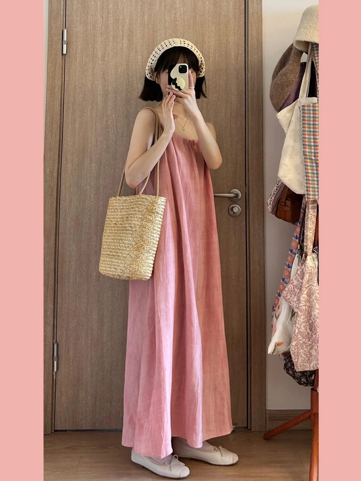 Summer Pink Strapless Maxi Dress Women's Loose plus Size Casual Slimming Skirt Sleeveless Long Dress Holiday Style