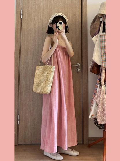 Summer Pink Strapless Maxi Dress Women's Loose plus Size Casual Slimming Skirt Sleeveless Long Dress Holiday Style