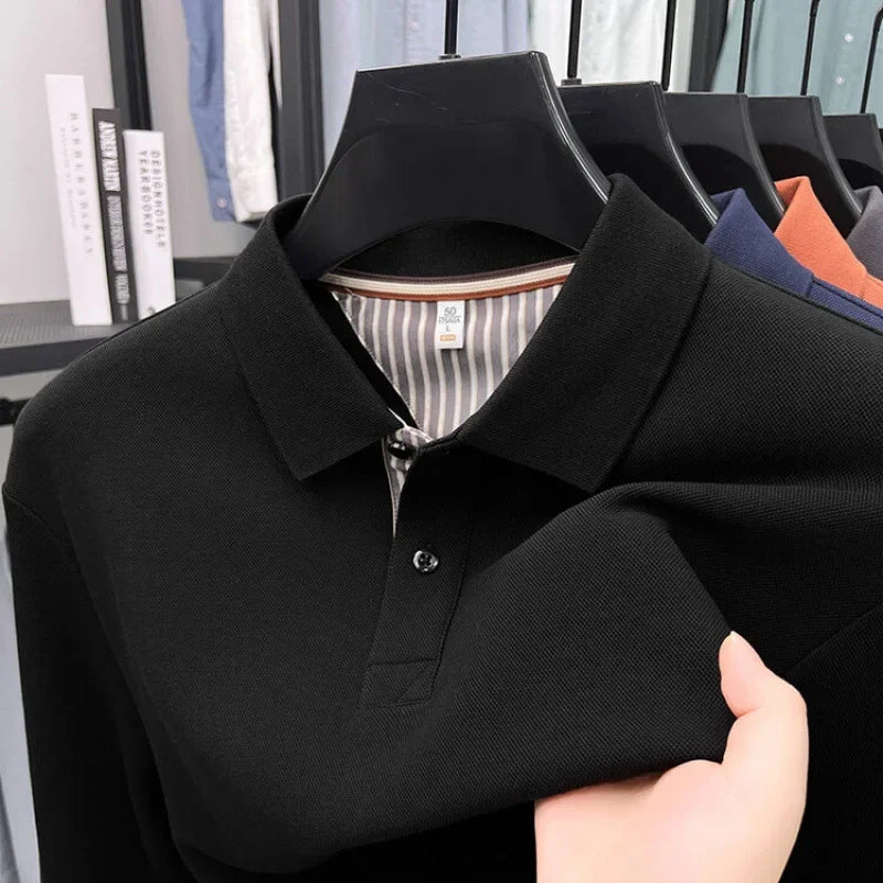 Men's casual long sleeved polo shirt autumn new loose solid color classic versatile lapel T-shirt