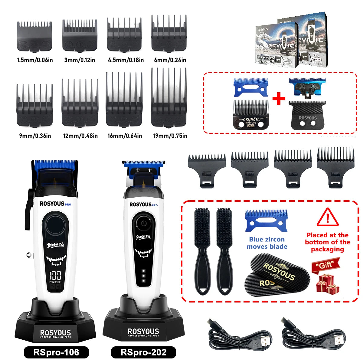 ROSYOUS RSpro-202 Hair Trimmer for Men DLC T-Blade 8000RPM Brushless Motor with Base Charger Professional Hair Cutting Machine