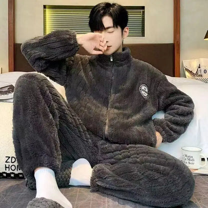 2026 New Coral Fleece Sleepwear Men's Fashionable Warm Flannel Spring Autumn Winter Thickened Outdoor Wear Home Clothes