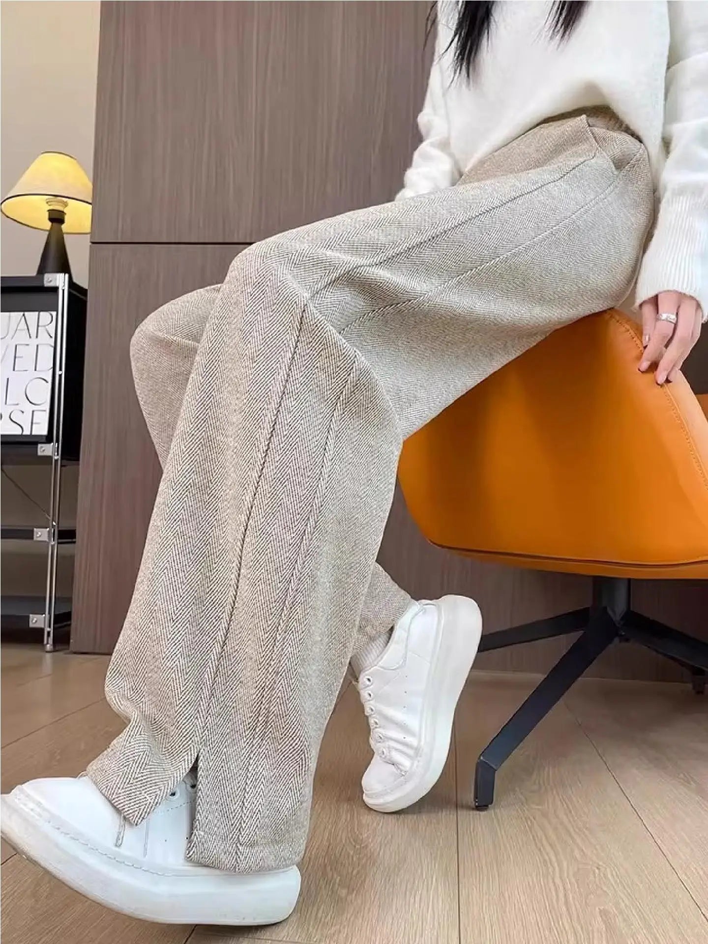 Thickened Woolen Straight Leg Pants Women's High Waist Wide Leg Trousers Autumn Winter Casual Pants Pocket Design Cotton Blend