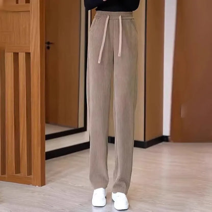 Thickened Fleece Wide Leg Pants Women's Casual Straight Cut Trousers Autumn Winter New Style High Waist Cotton Elastic Waist