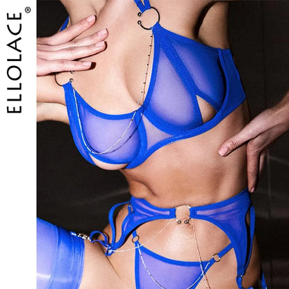 Ellolace Solid Women's Lingerie Sets Sexy Halter Bra Belt Thong 3PC with Stockings Translucent Mesh Chain Cougar Underwear