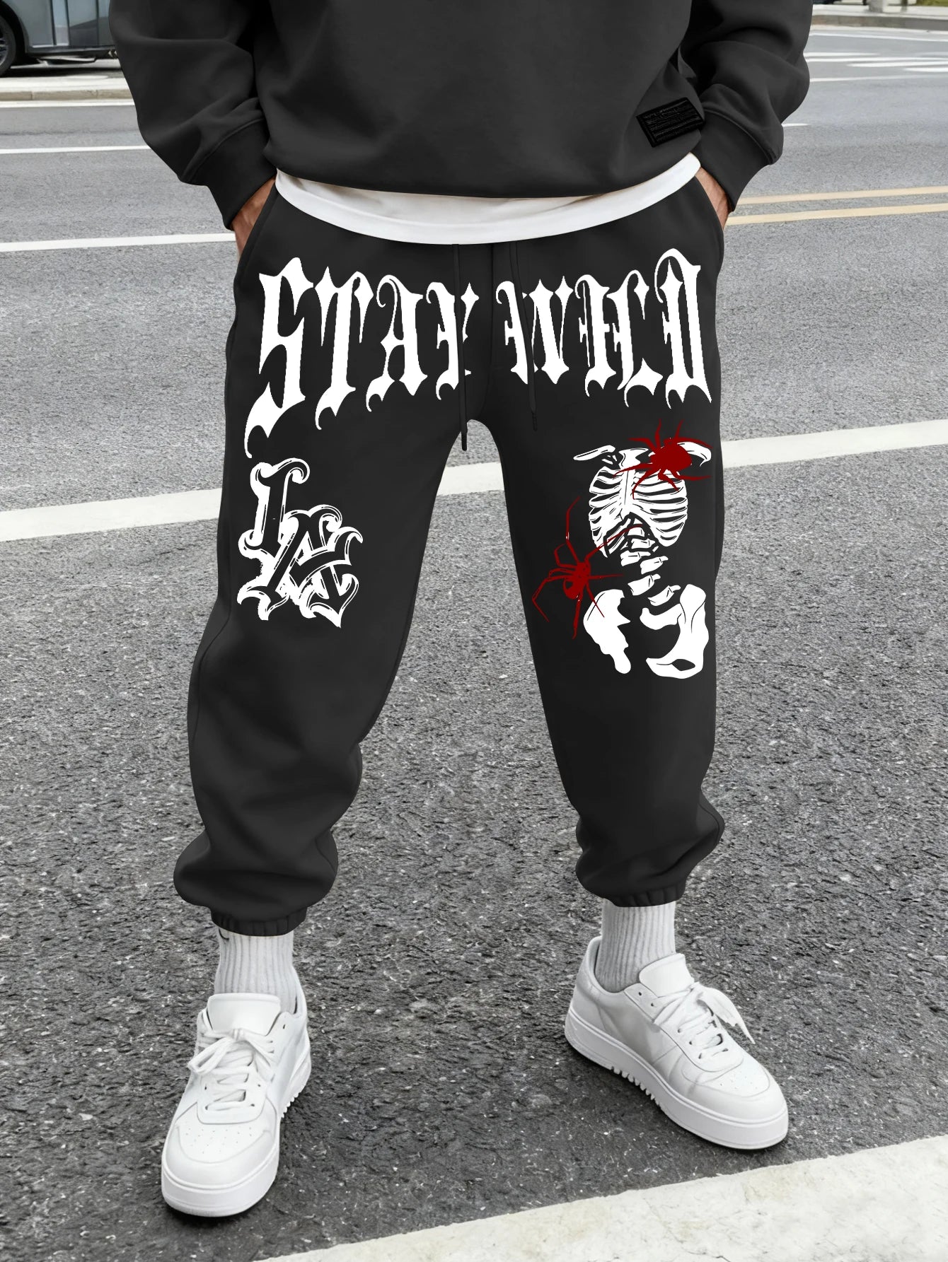Men's Retro Dark Grunge Gothic Letter Skeleton Graphic Joggers Elastic Cuff Sweatpants Popular Vintage Streetwear Casual Pants