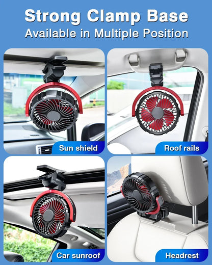 Car Cooling Clamp Fan 2000mAh USB Rechargeable Fan Burshless Cooler 900° Rotatable Portable Cooling Tool Car Electronic