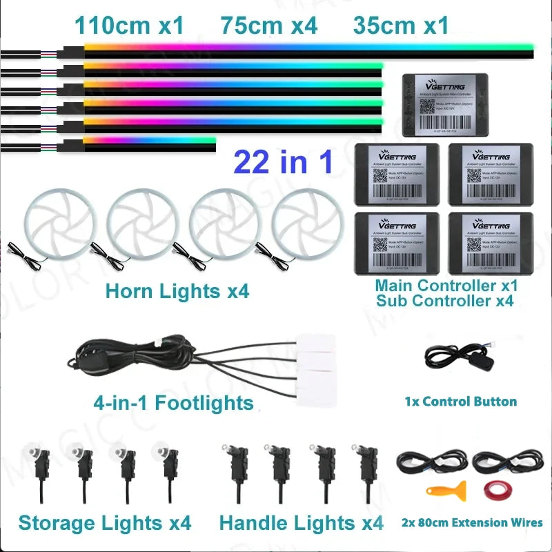 6/18/22 in 1 Led Acrylic Car Ambient Light RGB 64 213 Color Symphony Acrylic APP Streamer Rainbow Atmosphere Lamp Kit Dual Zone