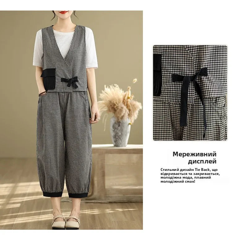 Fashionable Cotton Linen Plaid Set Casual Loose V-neck Tank Top And Lantern Pants Eighteen Loose Two-piece Set for Women