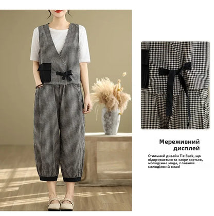 Fashionable Cotton Linen Plaid Set Casual Loose V-neck Tank Top And Lantern Pants Eighteen Loose Two-piece Set for Women