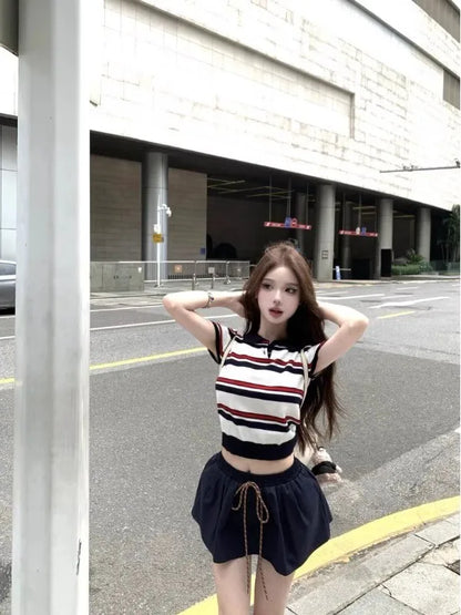 Miu Stripe  Neck Knitted Short Sleeve T-Shirt Women's Summer Design Sensible Short Style Korean Version Slim Fit Top