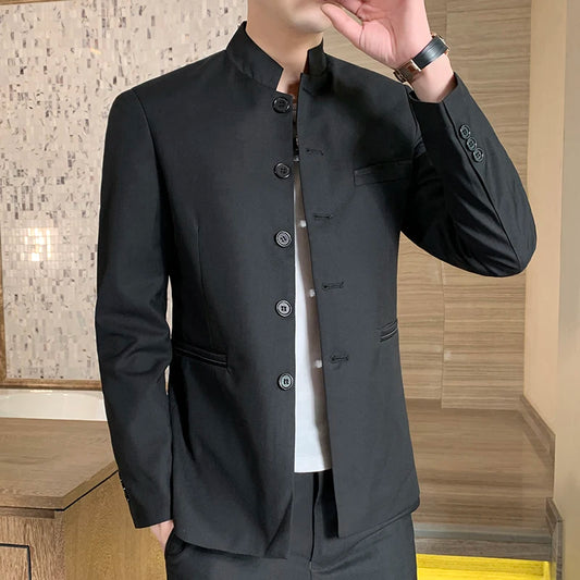 Blazer Men's Zhongshan Suit, Fashionable Business Wedding, Slimming Gentleman, Casual High Upright Suit, Stand-up Collar Blazer