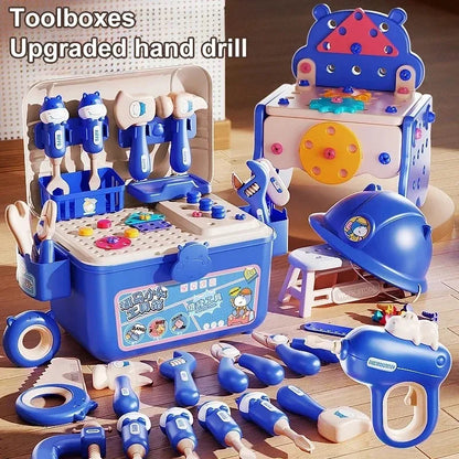 Kids pretend play hippo repair toolbox with simulation electric drill, screw tightening, take-apart & assembly play set.